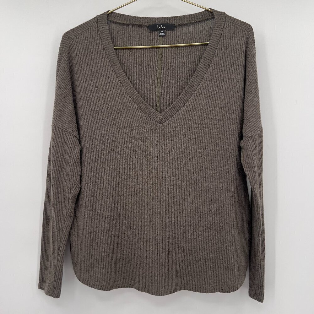 Lulus Fall Taupe Ribbed V-Neck Long Sleeve Sweater Size XS